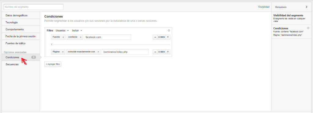 Editor segmentos personalizados Google Analytics